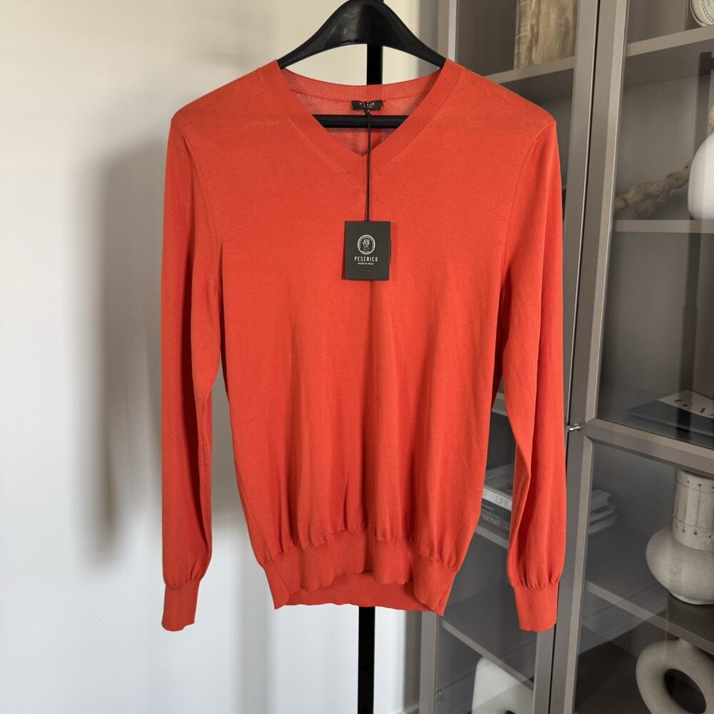Peserico Orange Cotton Knit V-Neck Long Sleeve Lightweight LS Sweater Medium NEW